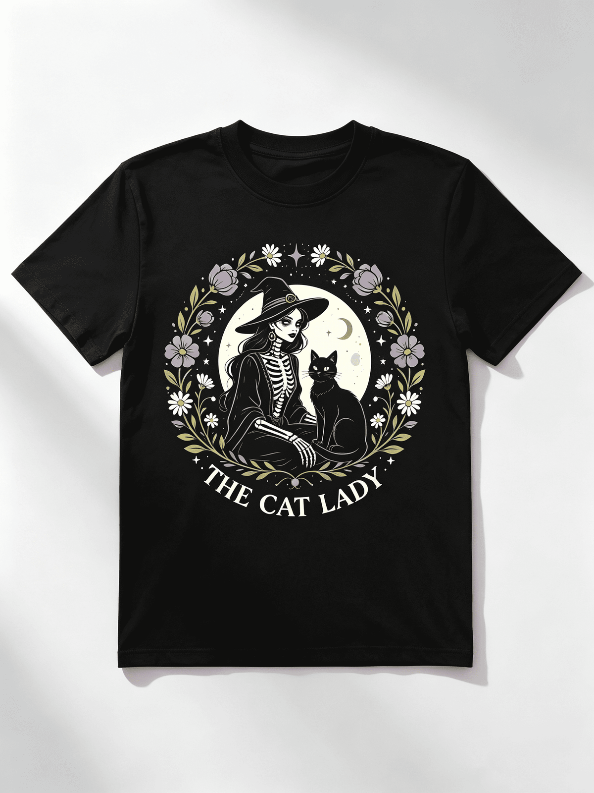 The Cat Lady Skeleton Witch Black Cat Floral Moon Halloween Graphic Women T-Shirt