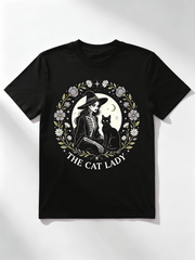 The Cat Lady Skeleton Witch Black Cat Floral Moon Halloween Graphic Women T-Shirt