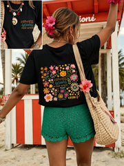 This Fashion Casual Women'S Top ,Summer Style Round Neck Short Sleeve T-Shirt with Fresh Floral Pattern And Text HAPPINESS Blooms FROM