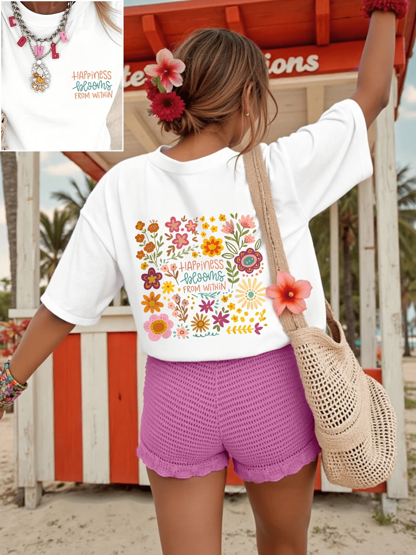 This Fashion Casual Women'S Top ,Summer Style Round Neck Short Sleeve T-Shirt with Fresh Floral Pattern And Text HAPPINESS Blooms FROM