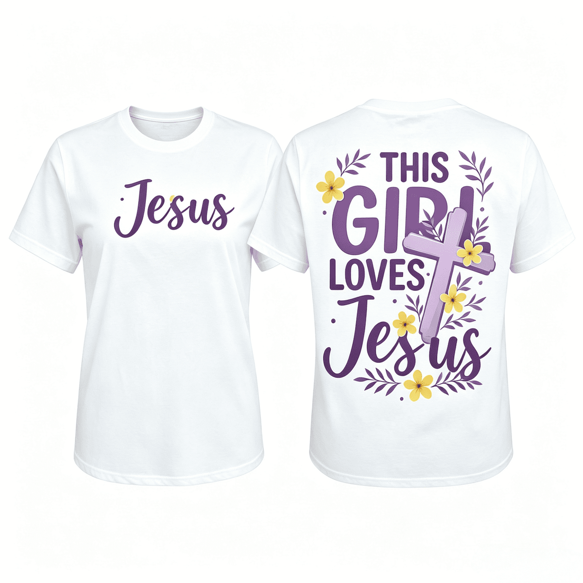 This Girl Loves Jesus Christian Cross Flower Design Women's T-Shirt White Casual Top Faith Inspired Graphic Tee