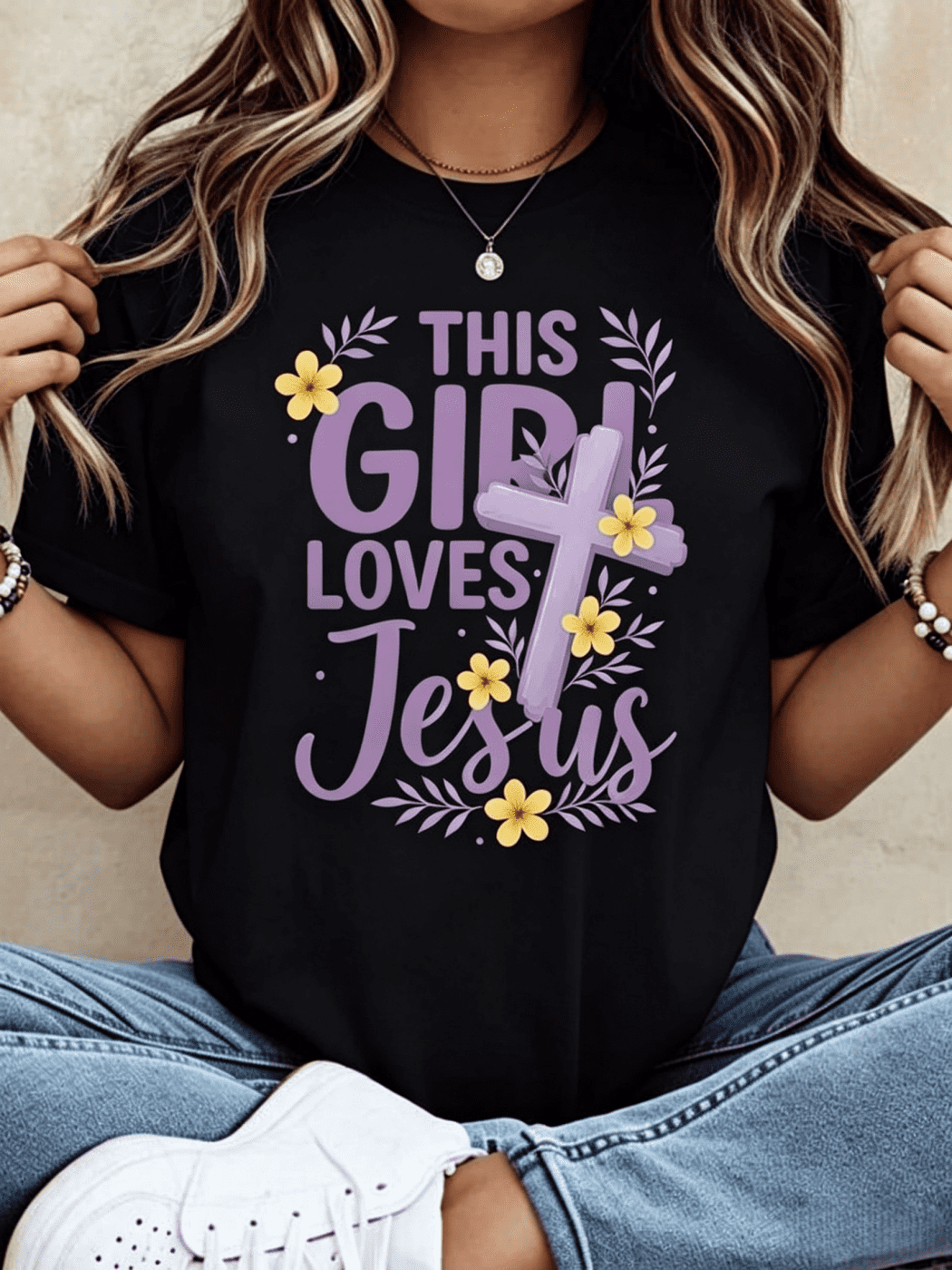 This Girl Loves Jesus Christian Cross Flower Design Women's T-Shirt White Casual Top Faith Inspired Graphic Tee