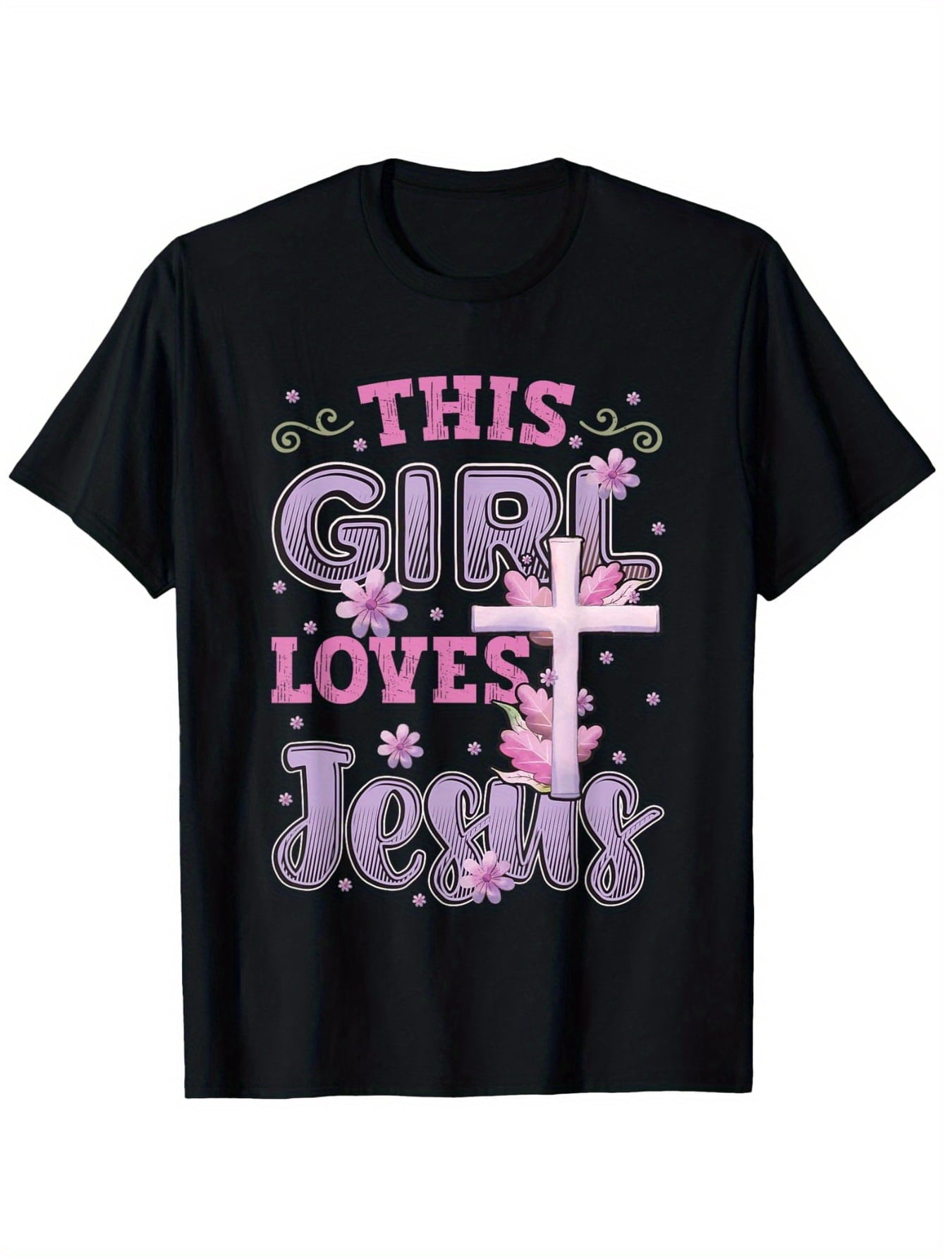 This Girl Loves Jesus Floral Cross Women's Faith Graphic T-Shirt