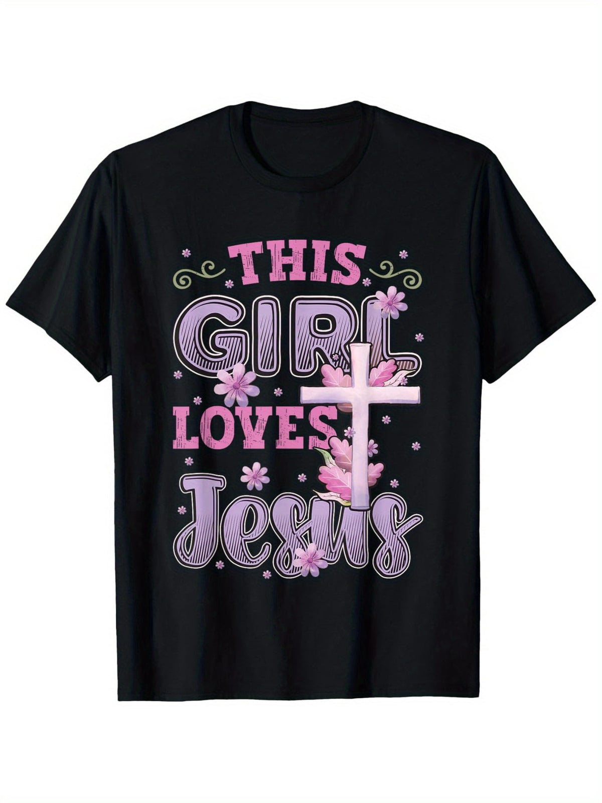This Girl Loves Jesus Floral Cross Women's Faith Graphic T-Shirt