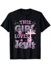 This Girl Loves Jesus Floral Cross Women's Faith Graphic T-Shirt