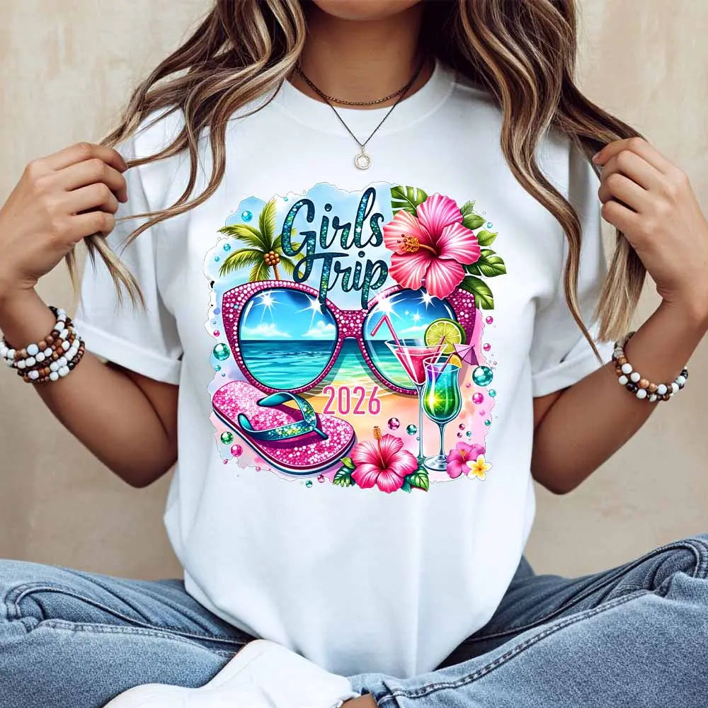 Tropical Sunglasses Flip Flops And Cocktail Print Neck T Shirt