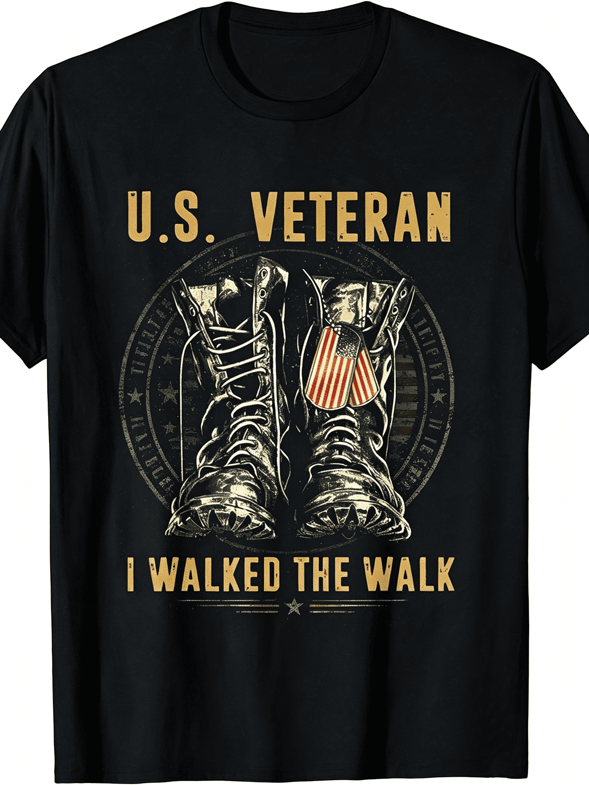 US Veteran I Walked The Walk Combat Boots American Flag Dog Tag T-Shirt