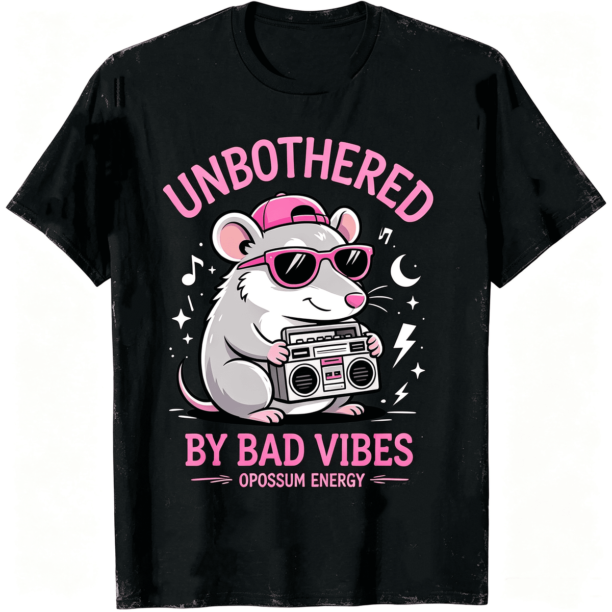 Unbothered By Bad Vibes Opossum Energy Cool Opossum Pink Cap Sunglasses Boombox Star Moon Graphic Unisex T-Shirt