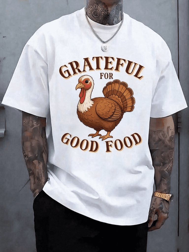 Unisex 100% Cotton Thanksgiving Graphic T-Shirt, Grateful Good Food Turkey Vintage Crew Neck Casual Streetwear Tee for Men Women