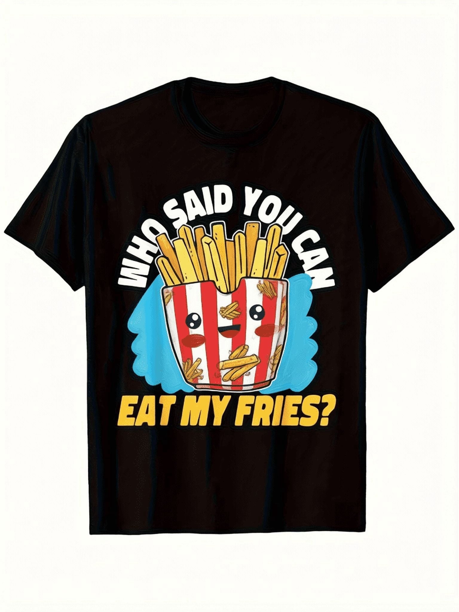 Unisex Black Crew Neck Graphic T-Shirt, Who Said You Can Eat My Fries Funny Angry Potato Cartoon Tee, French Fry Lover Casual Halloween Gift S-5XL For Men Women