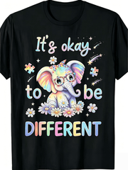 Unisex Black Crew Neck Short Sleeve Cotton T-Shirt, Cute Rainbow Elephant Puzzle Flower It's Okay To Be Different Awareness Graphic Tee, Soft Casual Top All Seasons Daily Gift