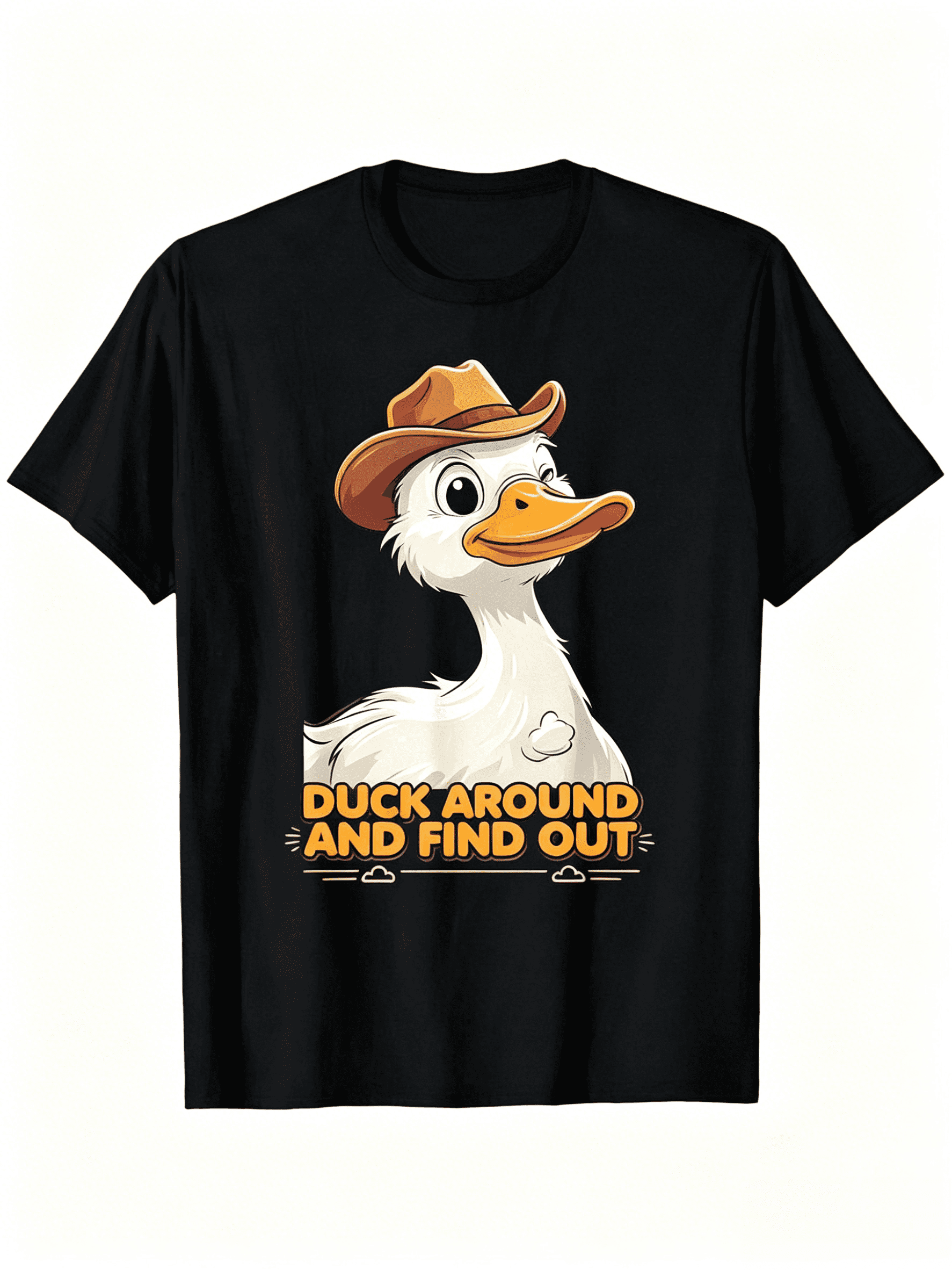 Unisex Black Crew Neck Short Sleeve Cotton T-Shirt, Funny Cartoon Side Duck With Cowboy Hat "Duck Around And Find Out" Humor Graphic Tee, 180G Heavyweight Durable Print Casual Top  Birthday Dai