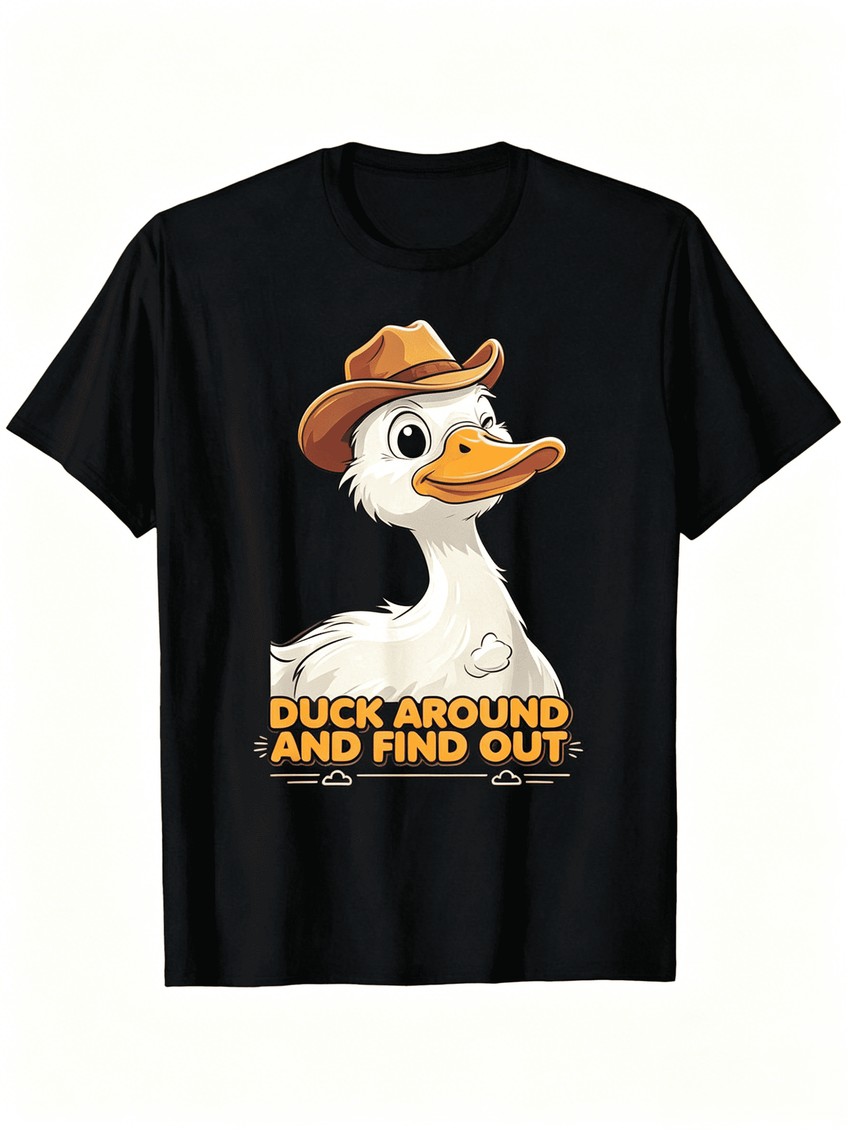 Unisex Black Crew Neck Short Sleeve Cotton T-Shirt, Funny Cartoon Side Duck With Cowboy Hat "Duck Around And Find Out" Humor Graphic Tee, 180G Heavyweight Durable Print Casual Top  Birthday Dai