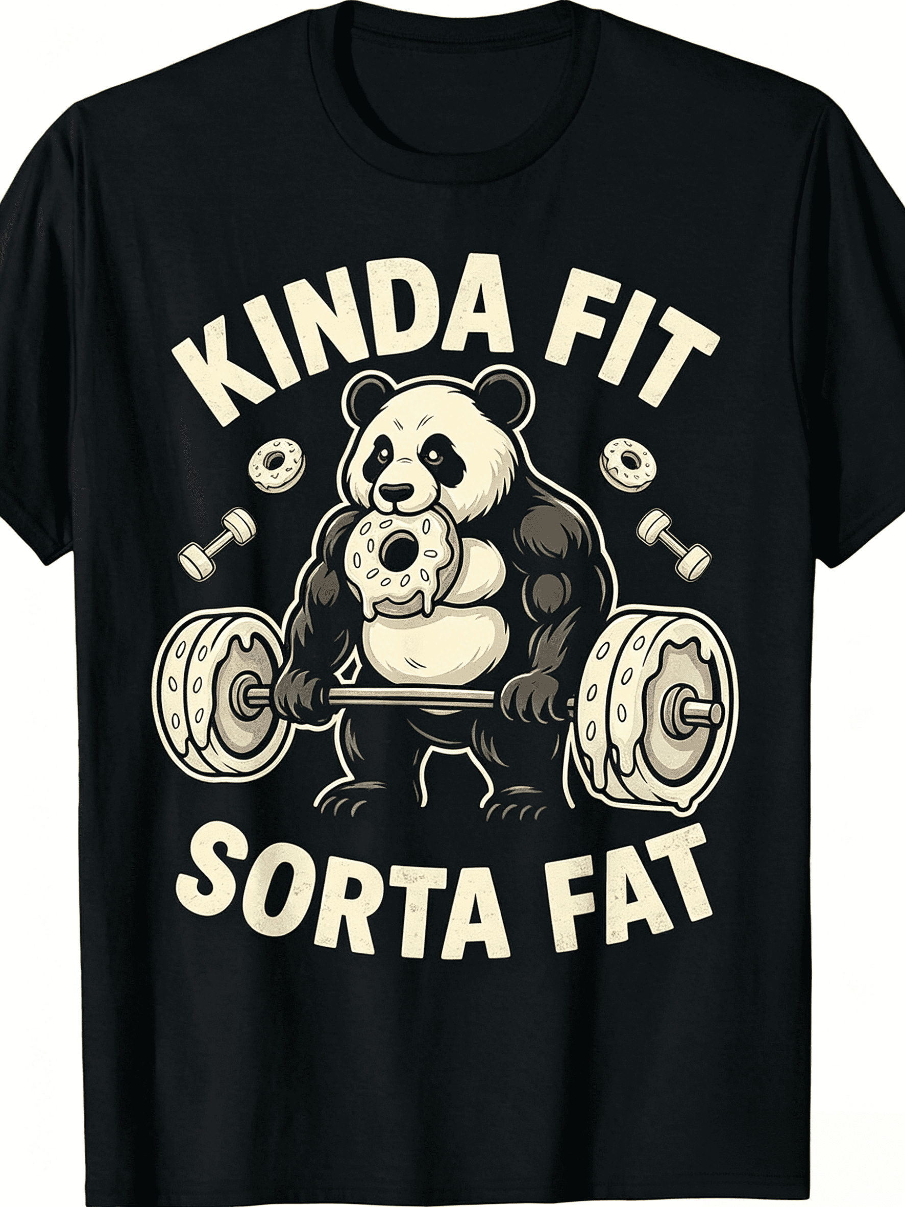 Unisex Black Crew Neck Short Sleeve Cotton T-Shirt, Side Profile Muscular Panda Donut Barbell "Kinda Fit Sorta Fat" Funny Gym Humor Graphic Tee, Soft Casual Fitness Top Workout Lover Daily Gif
