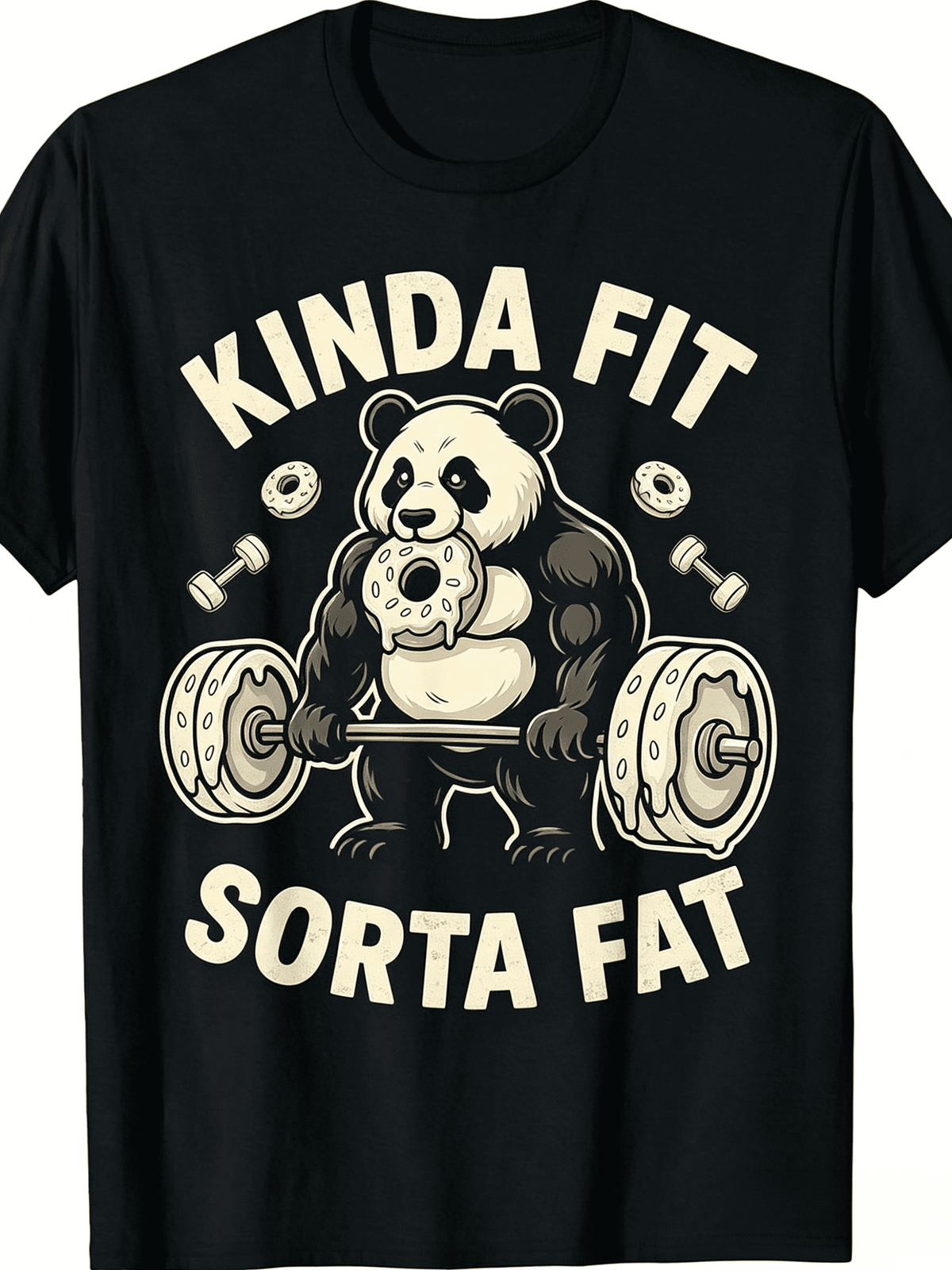 Unisex Black Crew Neck Short Sleeve Cotton T-Shirt, Side Profile Muscular Panda Donut Barbell "Kinda Fit Sorta Fat" Funny Gym Humor Graphic Tee, Soft Casual Fitness Top Workout Lover Daily Gif