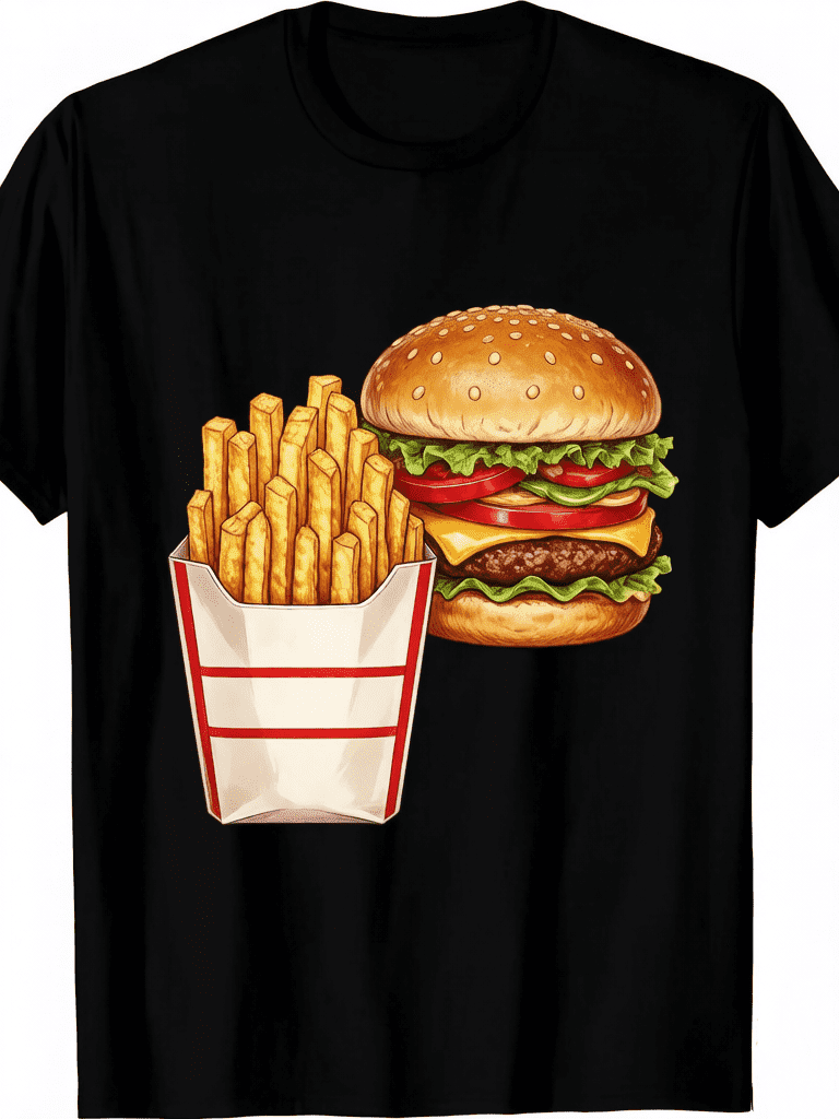 Unisex Burger Fries Costume T-Shirt, Retro Hamburger French Fries Graphic Tee, 220GSM 100% Pure Cotton, Halloween Themed Party Casual Top for Men Women Food Lovers