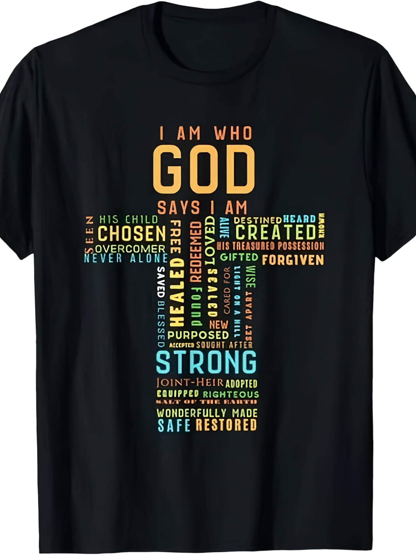 Unisex Christian Faith Cross Graphic T-Shirt I Am Who God Says I Am Colorful Religious Inspirational Casual Short Sleeve Tee