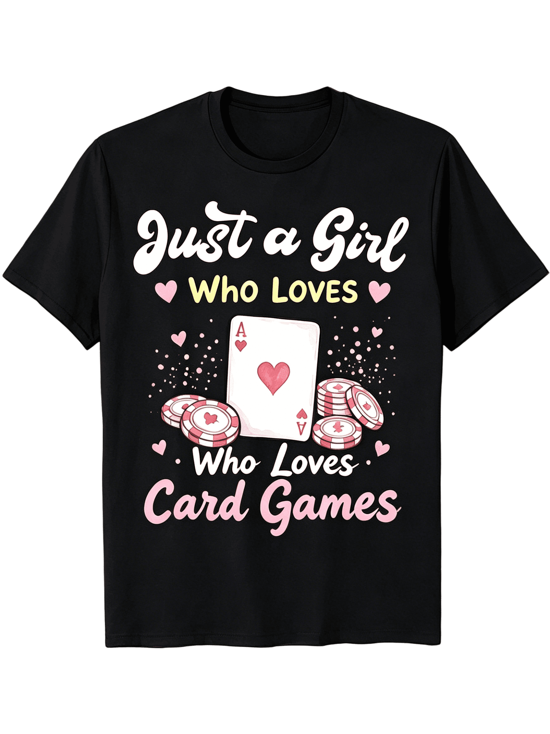 Unisex Crew Neck Short Sleeve Cotton T-Shirt for Men Women, Just A Girl Who Loves Card Games Cute Poker Chip Graphic Tee, 180gsm Heavyweight Solid Black Regular Fit Casual Top for Game Night Daily Ou
