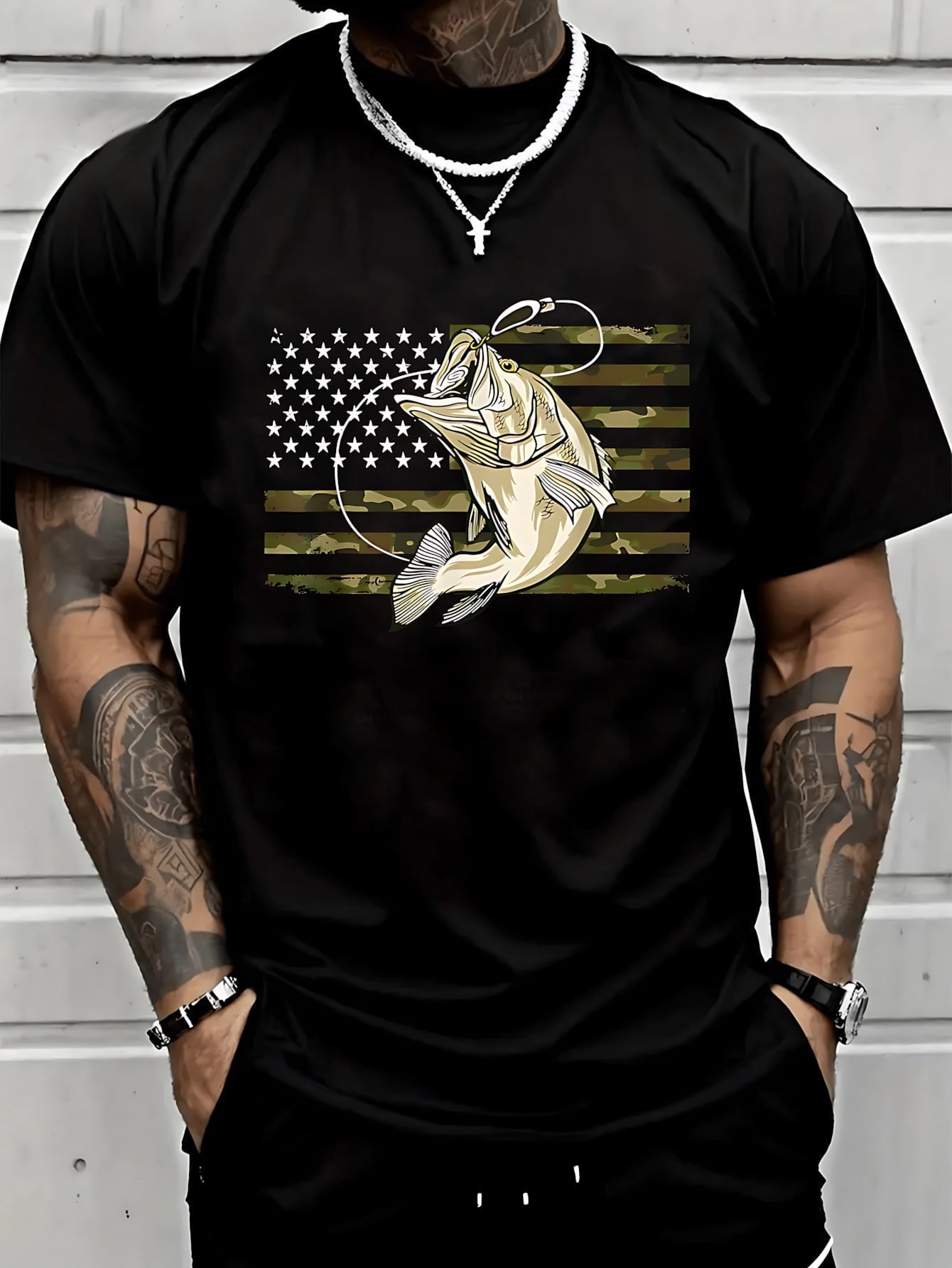 Unisex Custom T-Shirt Casual Round Neck Printing 100% Cotton, Suitable For Travel,Vacation,Outdoor Camping American Flag Fishing Graphic T - Shirt