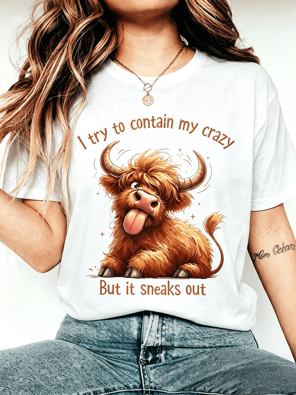 Unisex Cute Crazy Highland Cow Graphic T-Shirt I Try To Contain My Crazy Funny Farm Animal Casual Short Sleeve Tee