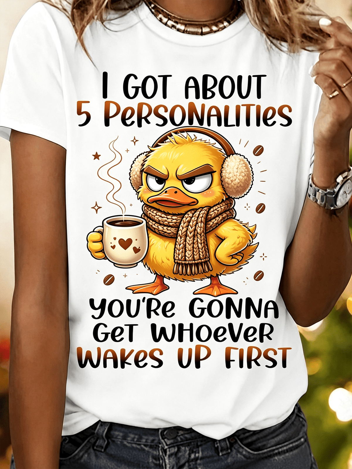 Unisex Cute Grumpy Winter Duck Coffee Graphic T-Shirt I Got About 5 Personalities Funny Coffee Lover Casual Short Sleeve Tee