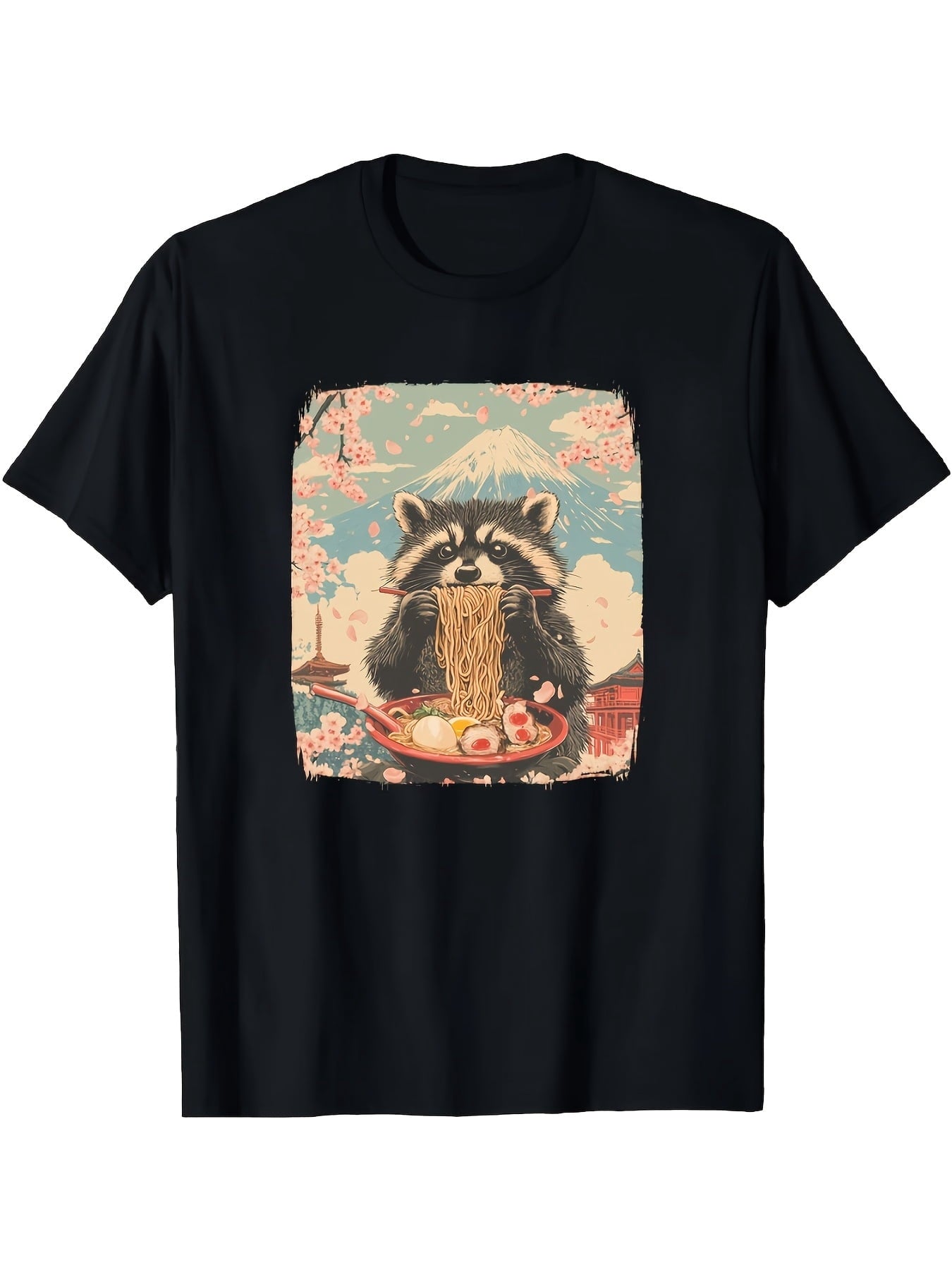 Unisex Cute Red Panda Eating Ramen Japanese Vintage Graphic Crew Neck Short Sleeve T-Shirt