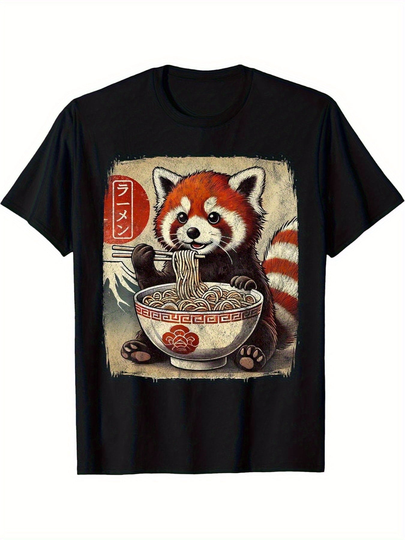 Unisex Cute Red Panda Eating Ramen Japanese Vintage Graphic Crew Neck Short Sleeve T-Shirt