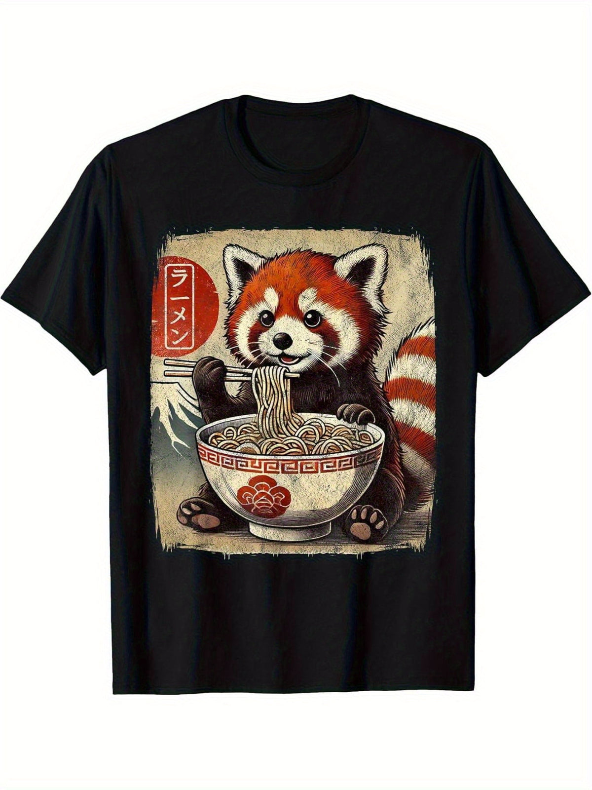 Unisex Cute Red Panda Eating Ramen Japanese Vintage Graphic Crew Neck Short Sleeve T-Shirt