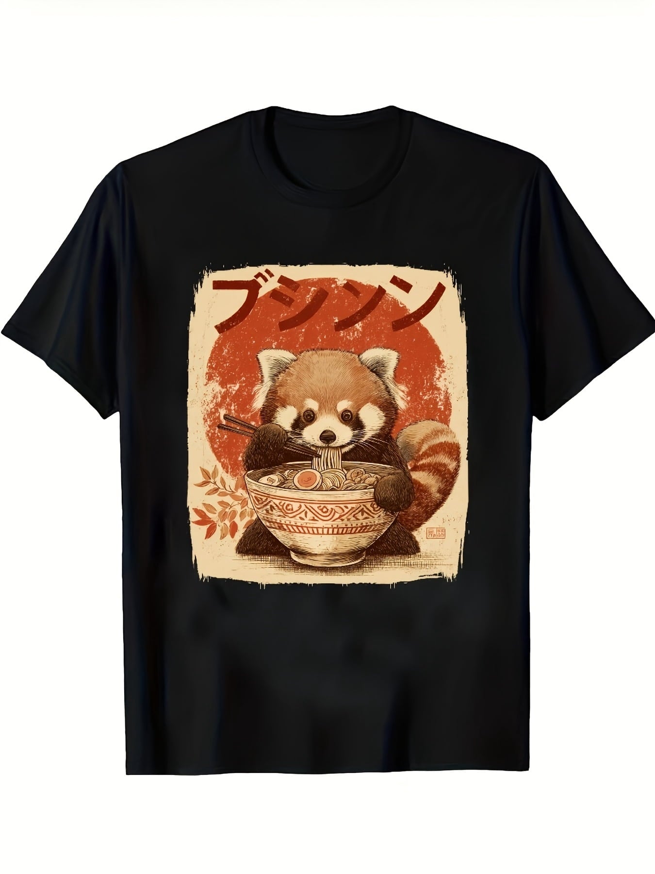 Unisex Cute Red Panda Eating Ramen Japanese Vintage Graphic Crew Neck Short Sleeve T-Shirt