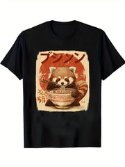 Unisex Cute Red Panda Eating Ramen Japanese Vintage Graphic Crew Neck Short Sleeve T-Shirt
