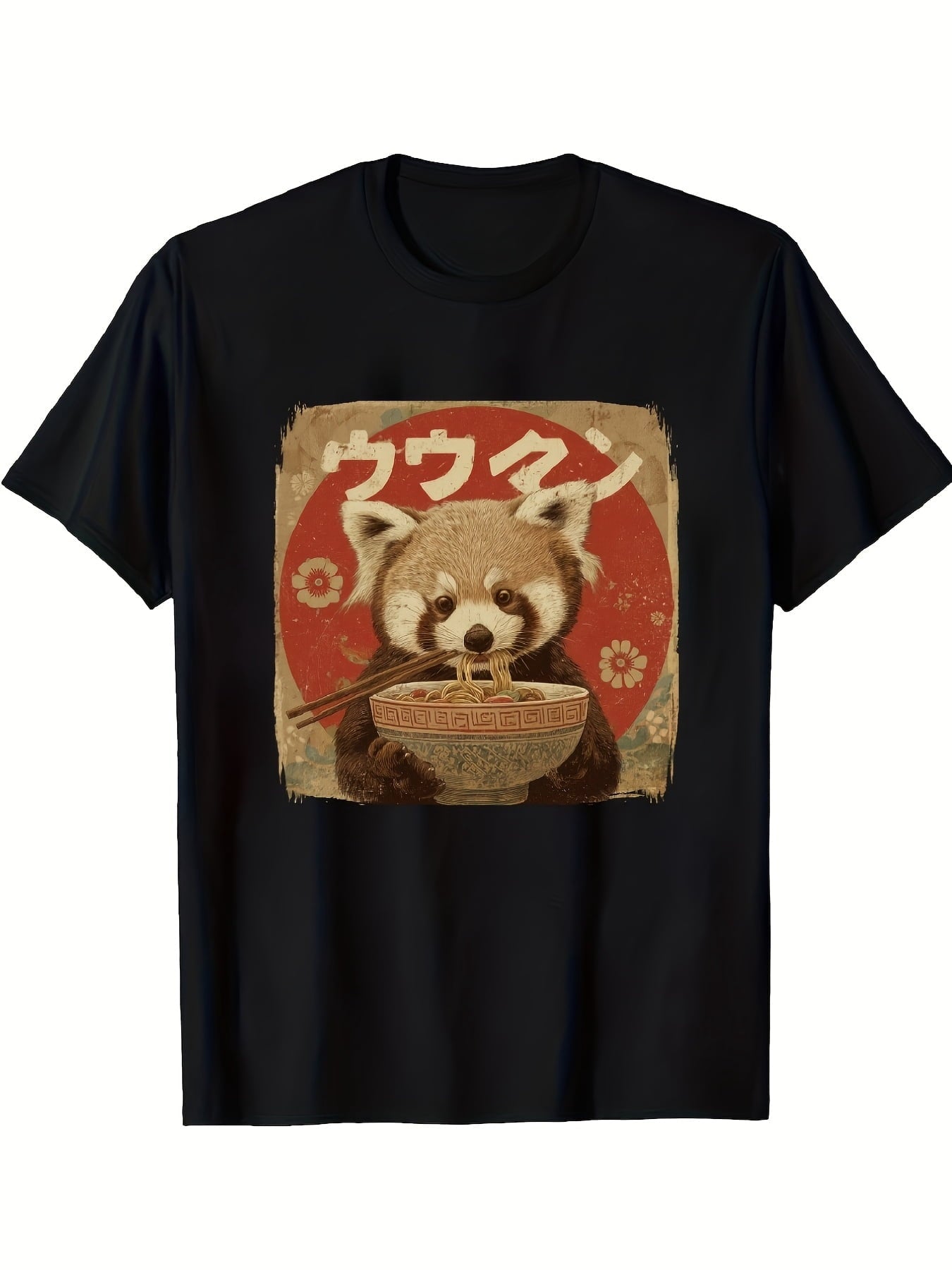 Unisex Cute Red Panda Eating Ramen Japanese Vintage Graphic Crew Neck Short Sleeve T-Shirt