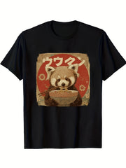 Unisex Cute Red Panda Eating Ramen Japanese Vintage Graphic Crew Neck Short Sleeve T-Shirt