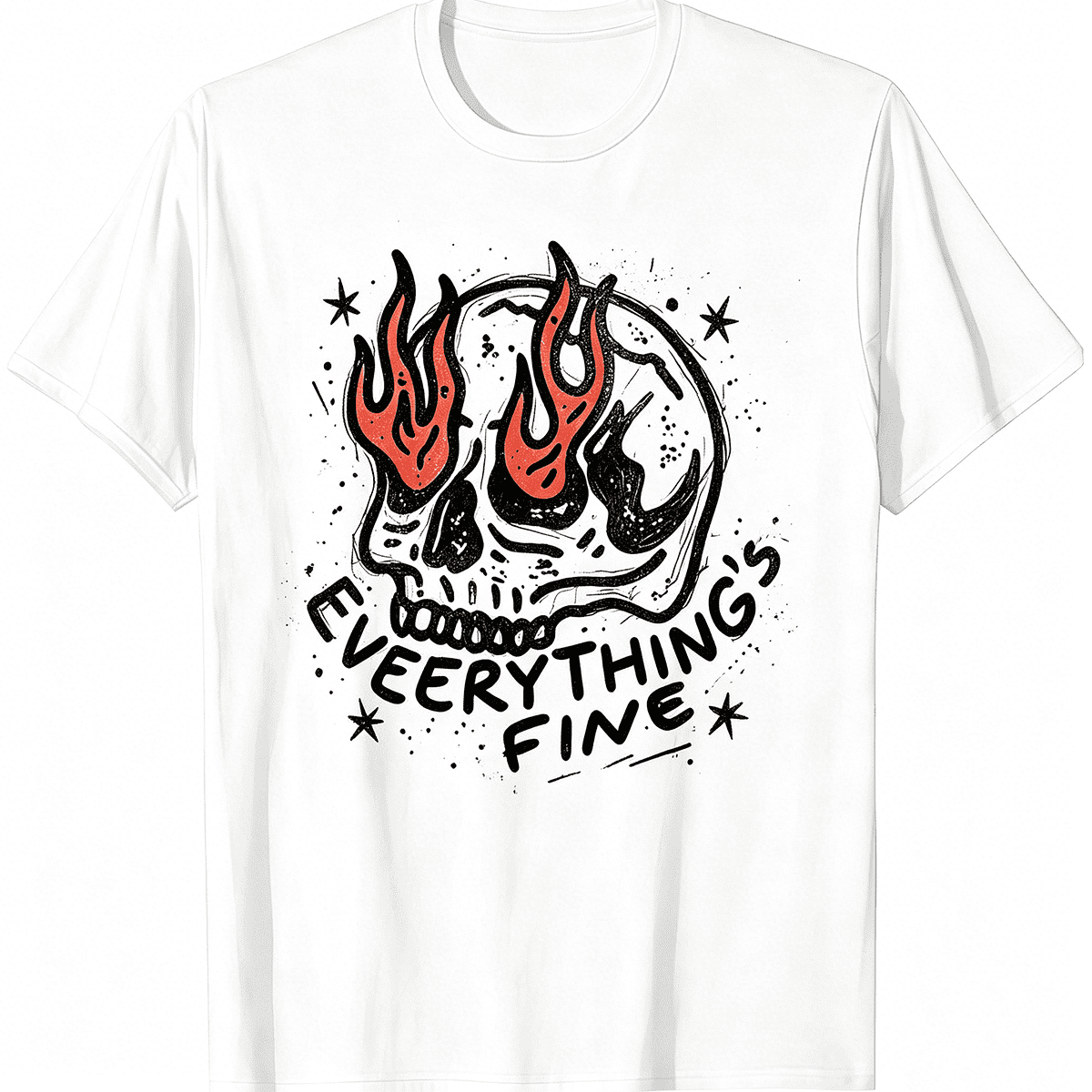 Unisex Everything's Fine Skull Flame Retro Graphic T-Shirt