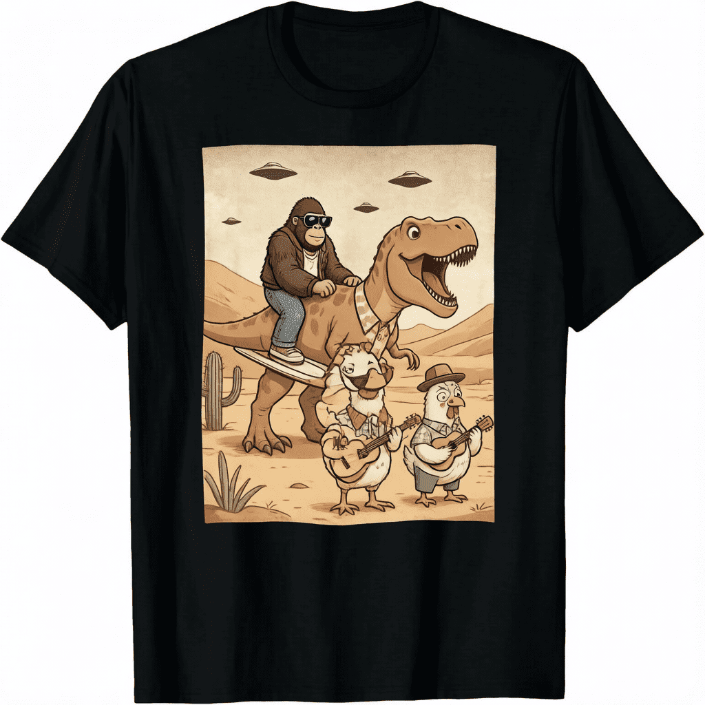 Unisex Funny Graphic T-Shirt, Bigfoot Riding T-Rex Chicken Selfie Novelty Crew Neck Casual Humor Tee for Men Women