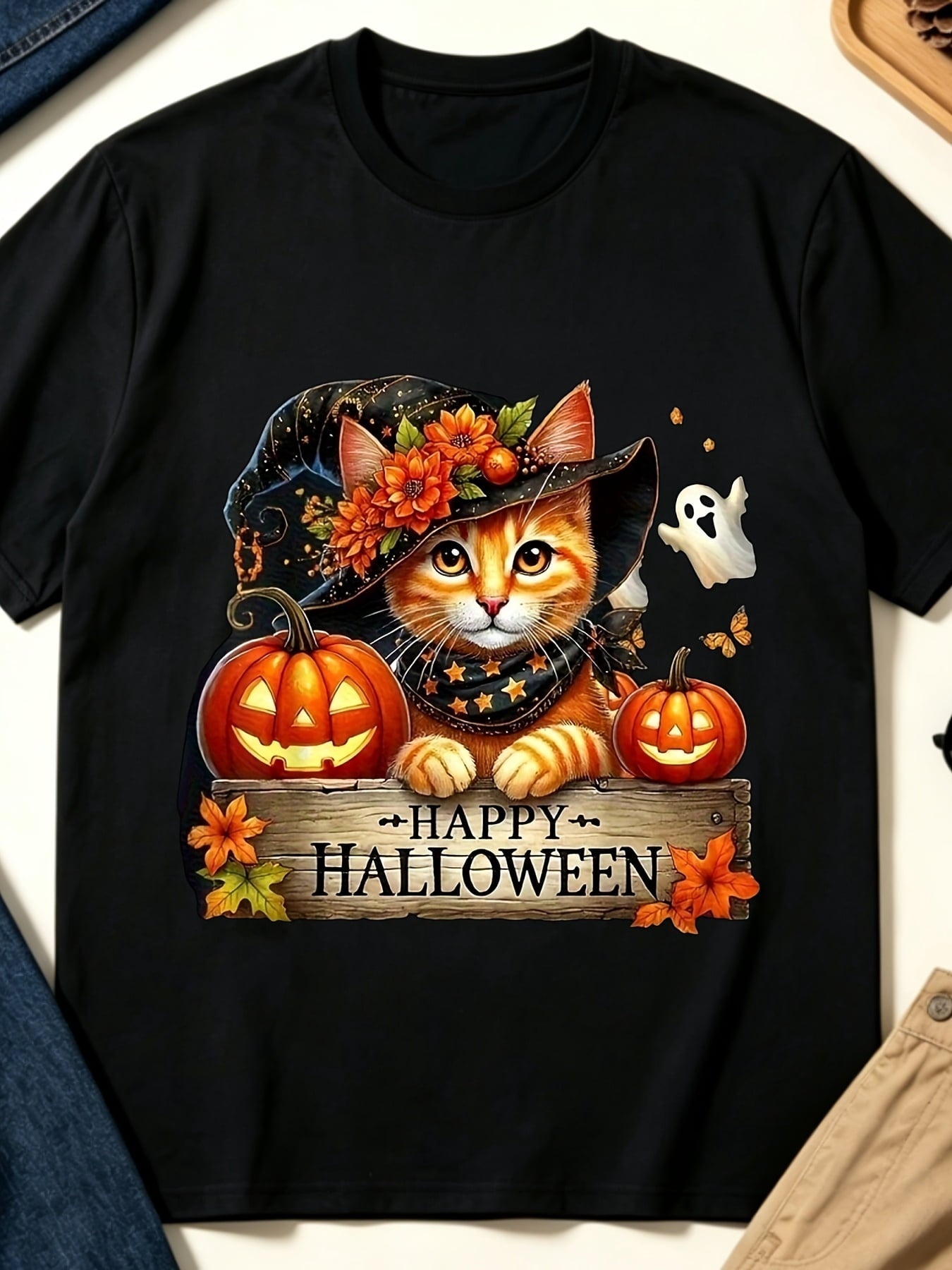 Unisex Happy Halloween Cute Witch Cat Graphic T‑Shirt, Pumpkin Ghost Fall Autumn Floral Short‑Sleeve Crew‑Neck Retro Casual Holiday Tee