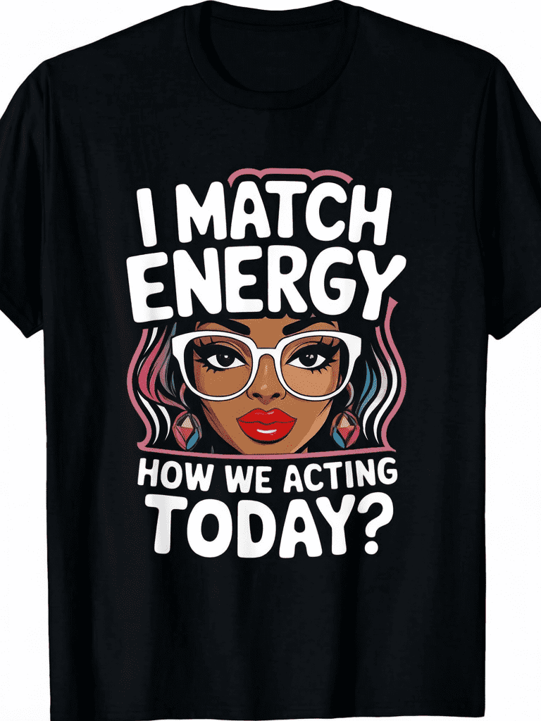 Unisex I Match Energy How We Acting Today Sarcasm Graphic T-Shirt, Black Round Neck 180G Machine Washable Plus Size Funny Vibes Casual Gift Tops For Men Women