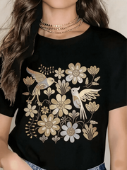 Unisex Mexican Folk Art Boho Graphic T-Shirt, Colorful Floral Birds Print Black Crew Neck Soft Lightweight Casual Top