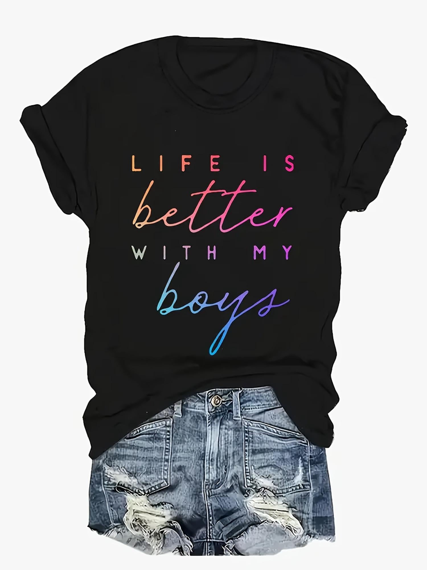 Unisex Mom Life Gradient Graphic T-Shirt Life Is Better With My Boys Mother Son Casual Short Sleeve Tee