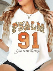 Unisex Psalm 91 God Is My Refuge Graphic T-Shirt, Inspirational Christian Bible Verse Crew Neck Spring Summer Casual Country Tee for Men Women