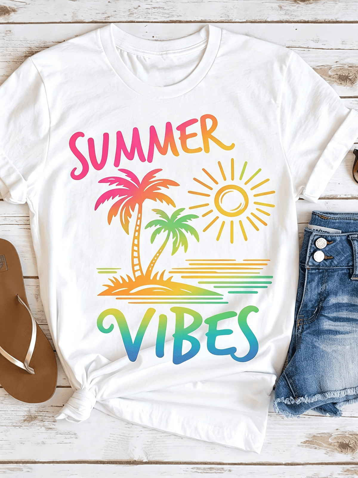 Unisex Rainbow Summer Vibes Palm Tree Graphic T-Shirt Tropical Beach Vacation Casual Short Sleeve Tee For Women Men