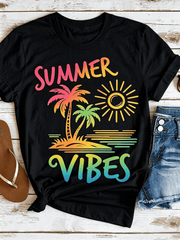 Unisex Rainbow Summer Vibes Palm Tree Graphic T-Shirt Tropical Beach Vacation Casual Short Sleeve Tee For Women Men