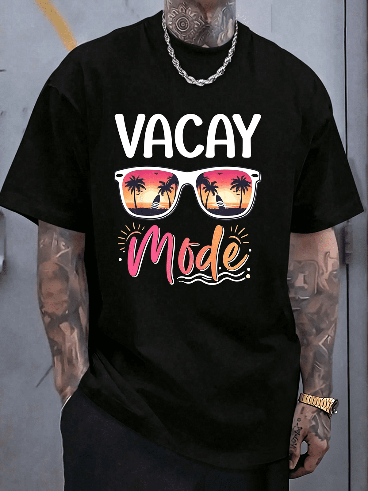 Vacay Mode Tropical Sunset Palm Tree Sunglasses Graphic T-Shirt, Summer Beach Vacation Travel Holiday Casual Short Sleeve Tee For Men & Women
