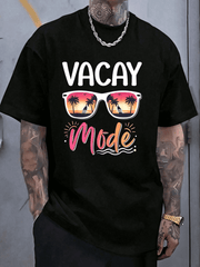 Vacay Mode Tropical Sunset Palm Tree Sunglasses Graphic T-Shirt, Summer Beach Vacation Travel Holiday Casual Short Sleeve Tee For Men & Women