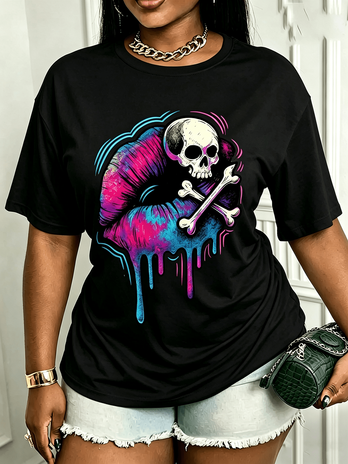 Vibrant Tie Dye Lip Skull Print Top Edgy Halloween Punk Soft Women’s Everyday Shirt