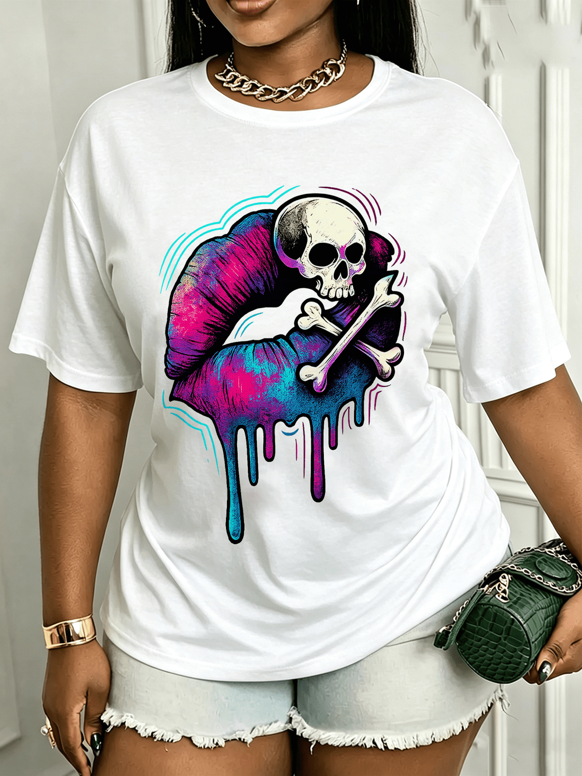 Vibrant Tie Dye Lip Skull Print Top Edgy Halloween Punk Soft Women’s Everyday Shirt