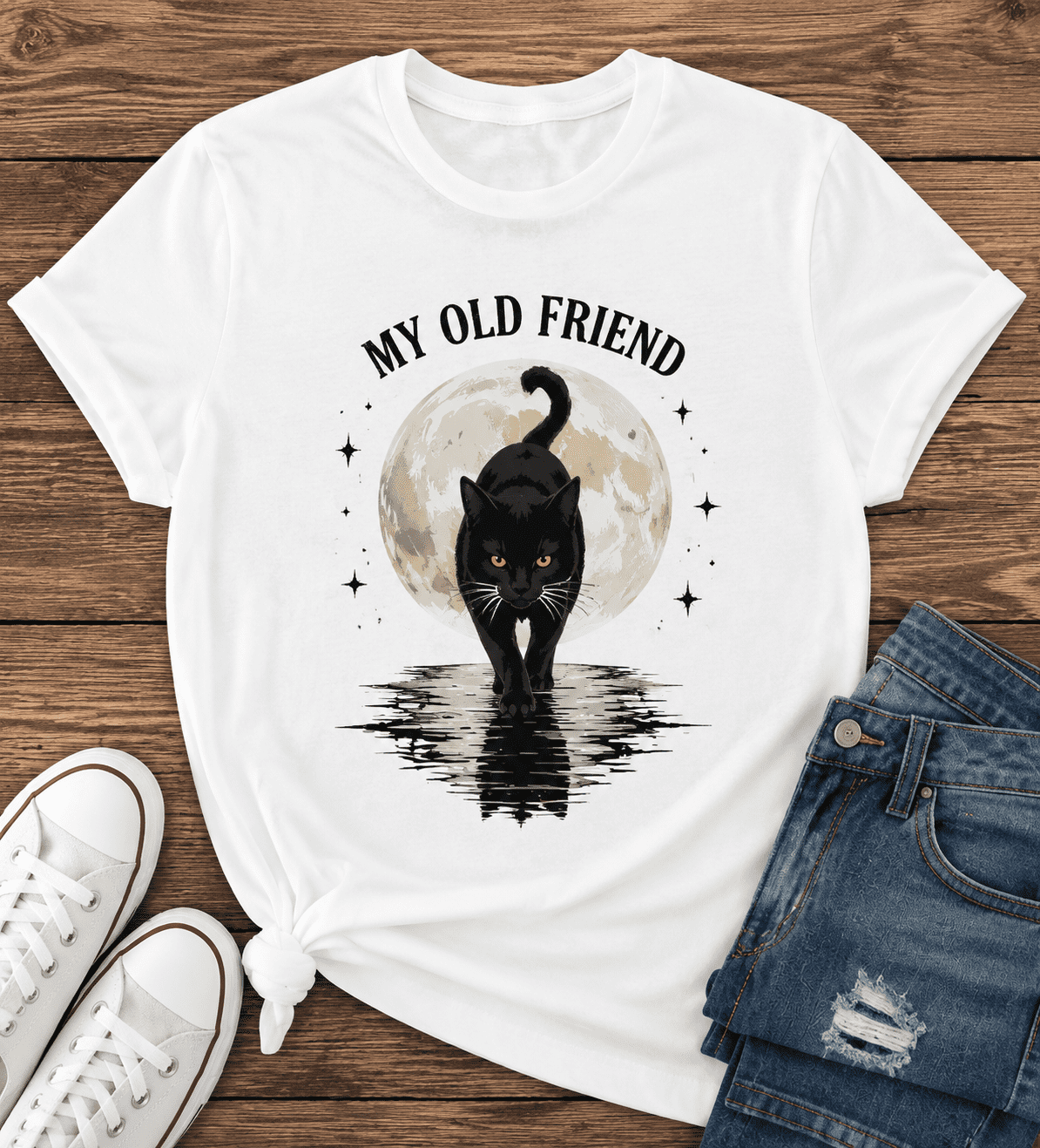 Vintage Black Cat Moon Graphic T Shirt for Women Men, Cute Night Sky Animal Print Short Sleeve Crew Neck Casual Tee, Gothic Style Cat Lover Gift Top