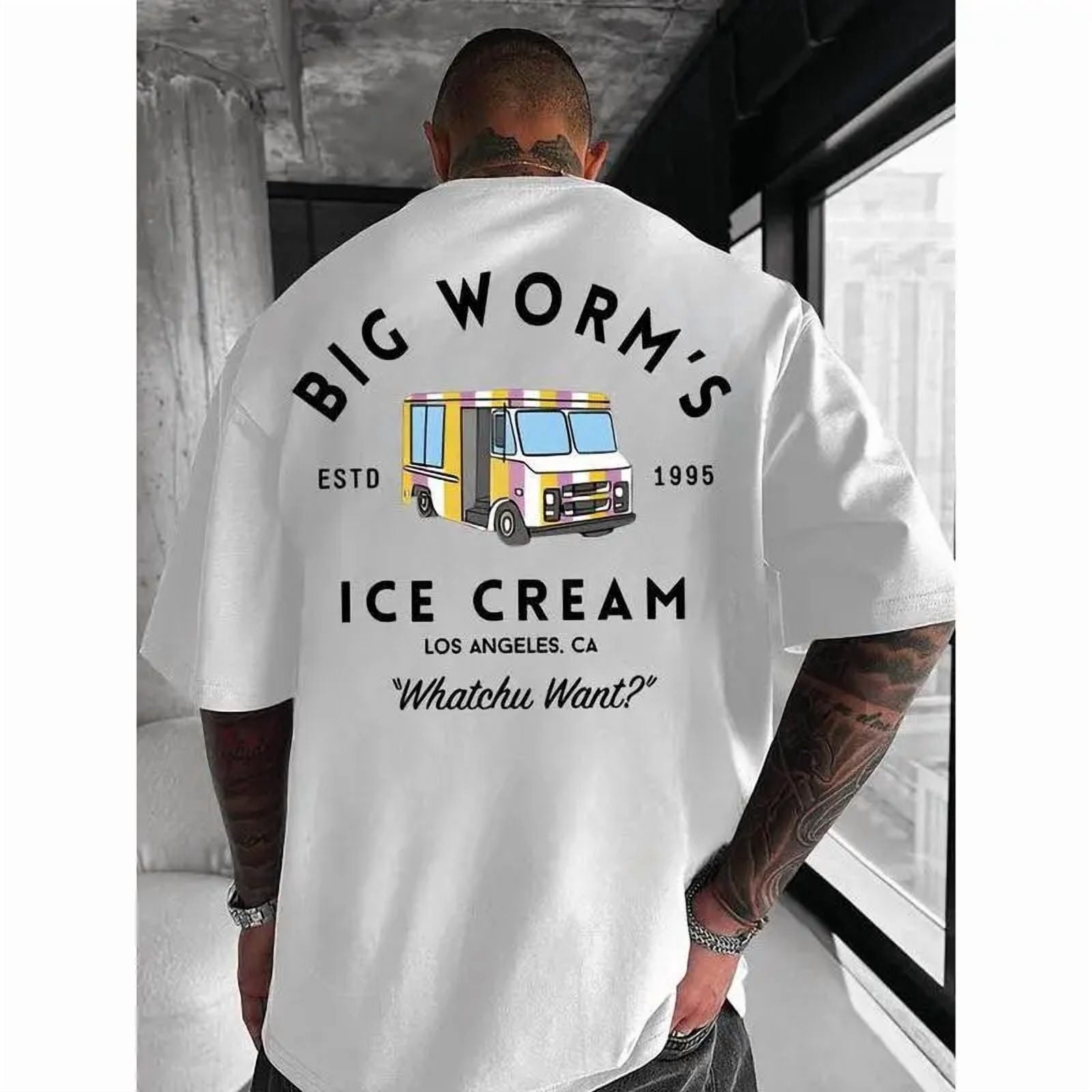 Vintage EST 1995 Los Angeles Ice Cream Truck Big Worm Quote Graphic Back Print Men's T-Shirt