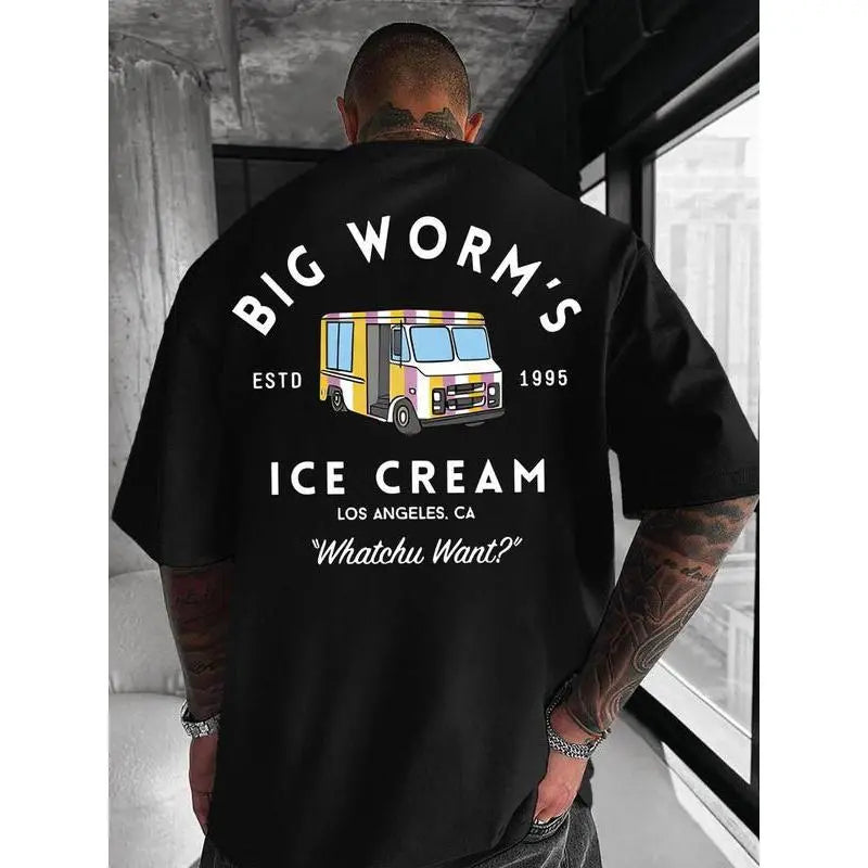 Vintage EST 1995 Los Angeles Ice Cream Truck Big Worm Quote Graphic Back Print Men's T-Shirt