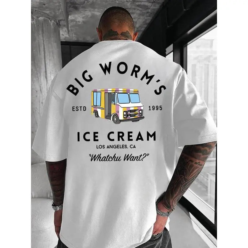 Vintage EST 1995 Los Angeles Ice Cream Truck Big Worm Quote Graphic Back Print Men's T-Shirt