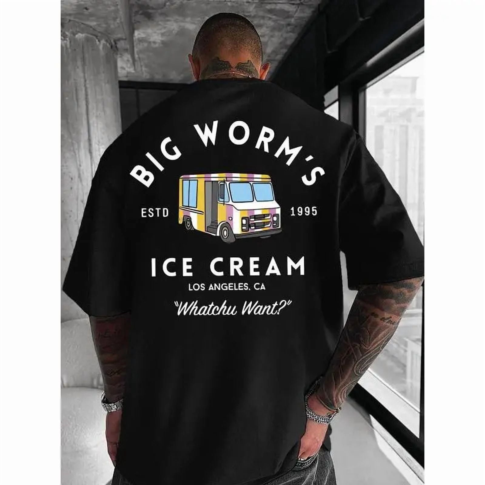 Vintage EST 1995 Los Angeles Ice Cream Truck Big Worm Quote Graphic Back Print Men's T-Shirt